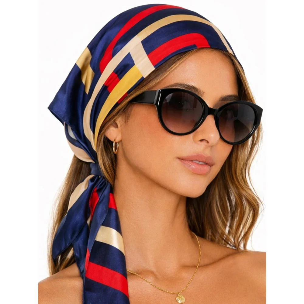 Geometric Multicolor Square Print Scarf - Navy, Red, Gold, Cream, White